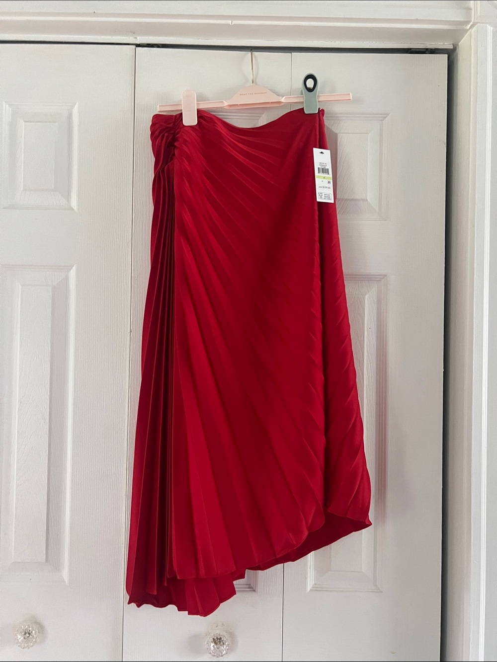 DKNY Red Asymmetric Pleated Midi Skirt